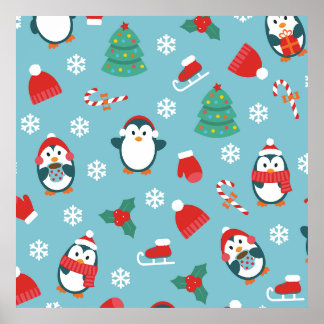 Cute Christmas Penguins Pattern Poster