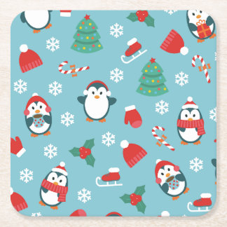 Cute Christmas Penguins Pattern Underlägg Papper Kvadrat