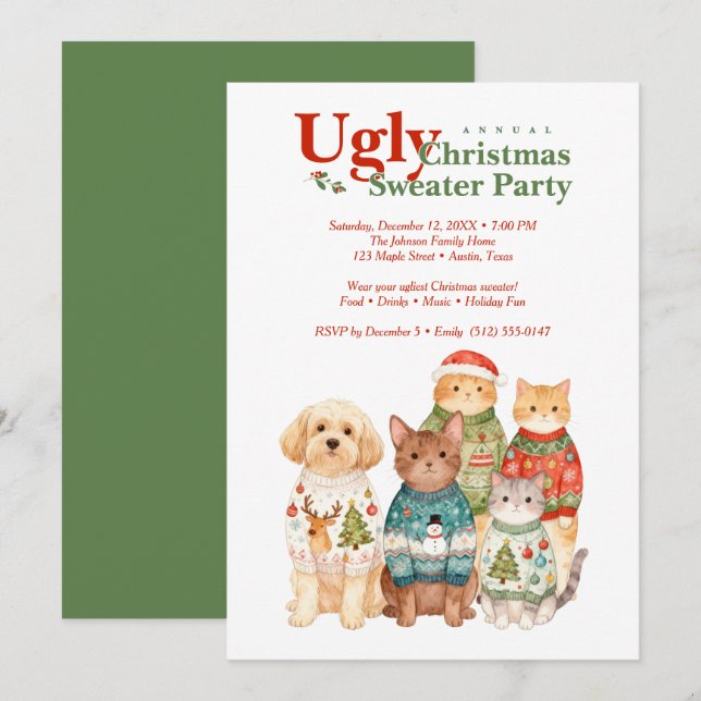 Cute Christmas Pets Sweater Party Green TMF26 Inbjudningar (Fram/baksida)