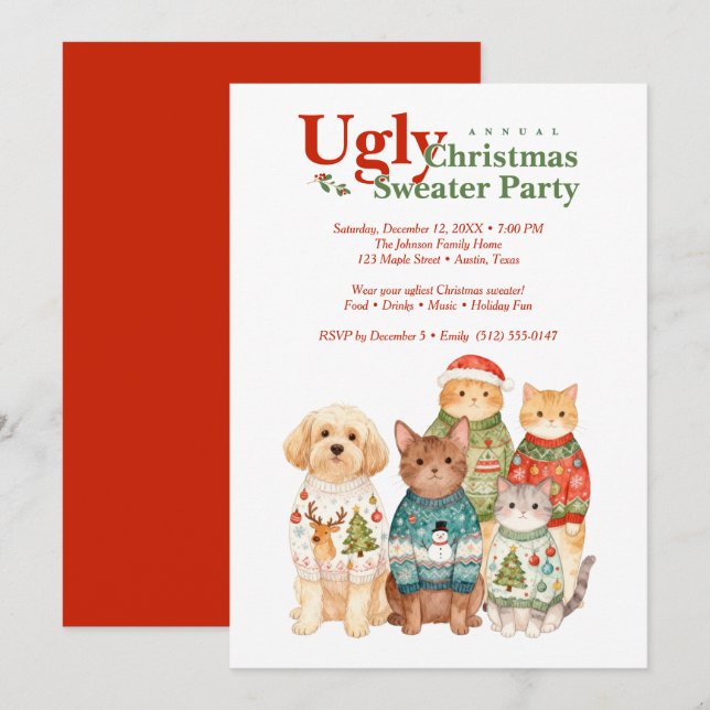 Cute Christmas Pets Sweater Party Red TMF26 Inbjudningar (Fram/baksida)