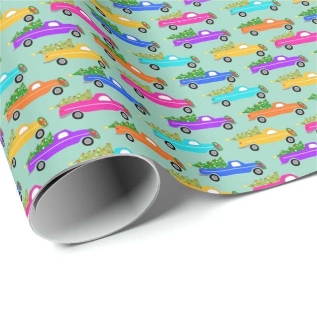 Cute Christmas Pickup Trucks Trees Retro Xmas Gift Presentpapper (Rullad Hörn)