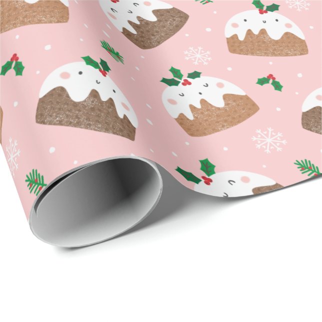 Cute christmas puddings on ljus rosa presentpapper (Rullad Hörn)