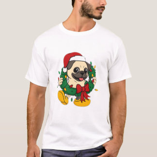 Cute Christmas Pug with Festive Wreath T Shirt