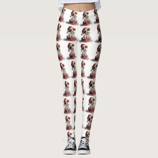 Cute Christmas Puppy on Gift Box Leggings (Framsida)