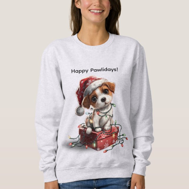 Cute Christmas Puppy on Gift Box T Shirt (Framsida)