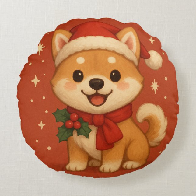 Cute Christmas Puppy Rund Kudde (Framsidan)