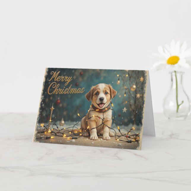 Cute Christmas Puppy with Lights Adorable Holiday  Kort (Liten växt)