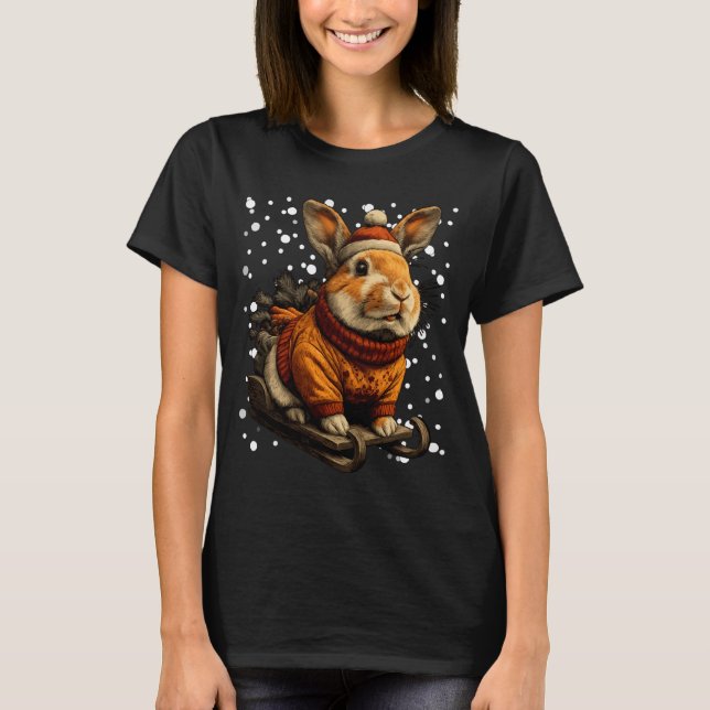 Cute Christmas Rabbit Sledding In Snow Funny Winte T Shirt (Framsida)