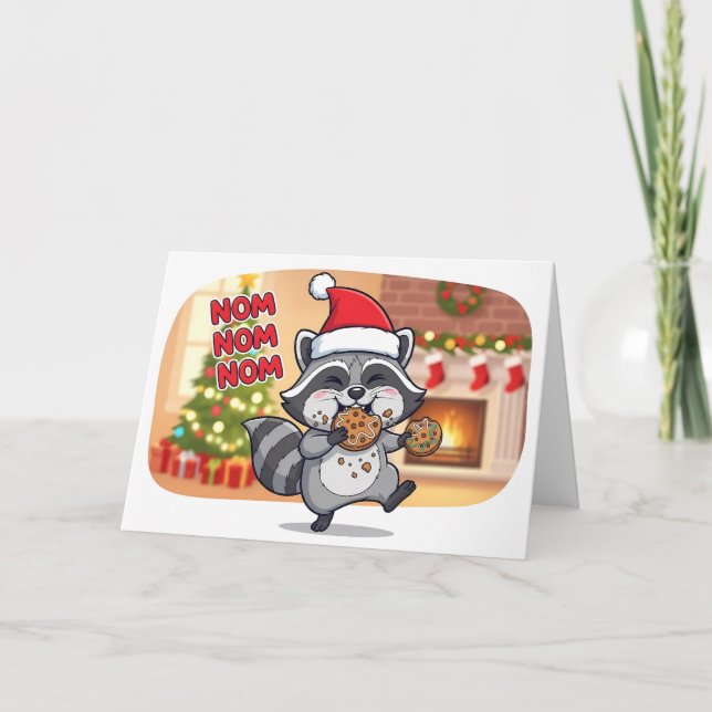 Cute Christmas Raccoon Eating Cookies Kort (Framsida)