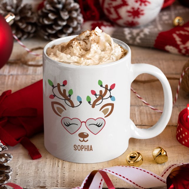 Cute Christmas reindeer face With Ligths Kaffemugg (Skapare uppladdad)