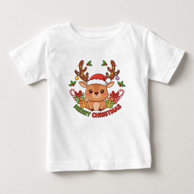 Cute Christmas Reindeer Illustration T Shirt (Framsida)
