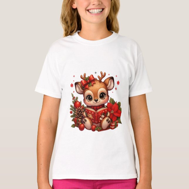 Cute Christmas Reindeer Reading Book T Shirt (Framsida)