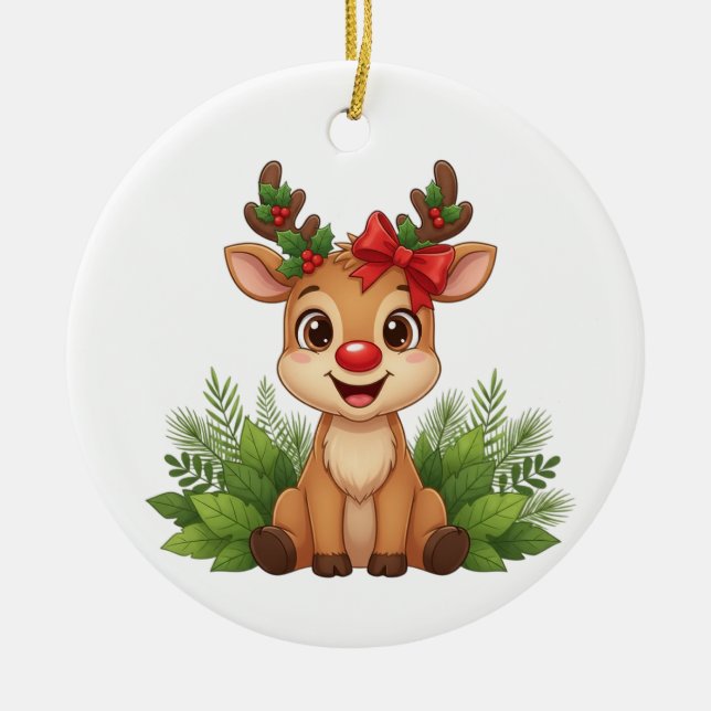 Cute Christmas Reindeer, Reindeer Holiday  Julgransprydnad Keramik (Framsidan)