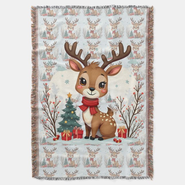 Cute Christmas Reindeer Scene Snowy Forest Filt (Framsidan Vertikal)
