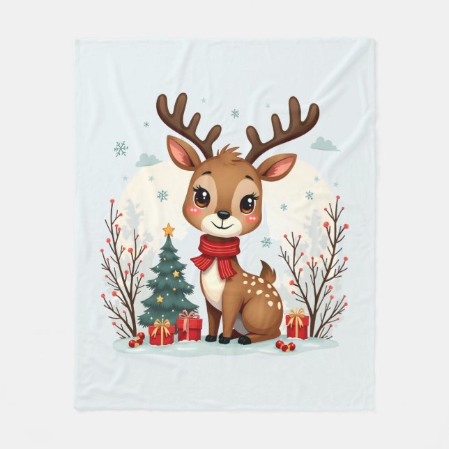 Cute Christmas Reindeer Scene Snowy Forest Fleecefilt (Framsidan)