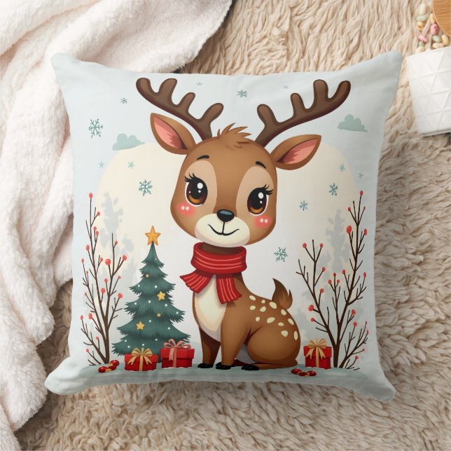 Cute Christmas Reindeer Scene Snowy Forest Kudde (Filt)
