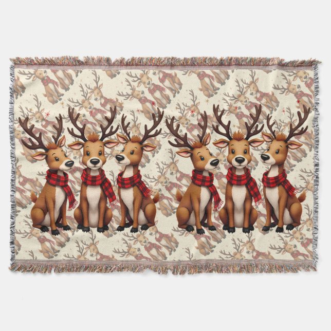 Cute Christmas Reindeer Trio with Plaid Scarves Filt (Framsidan)