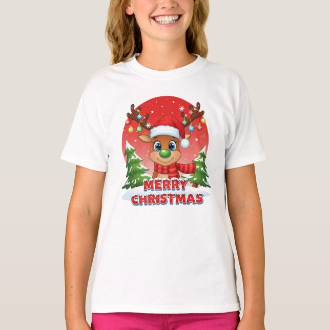 Cute Christmas Reindeer with Santa Hat Ornaments T Shirt (Framsida)