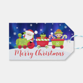 Cute Christmas Santa and Elf Train Presentetikett