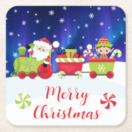 Cute Christmas Santa and Elf Train Underlägg Papper Kvadrat