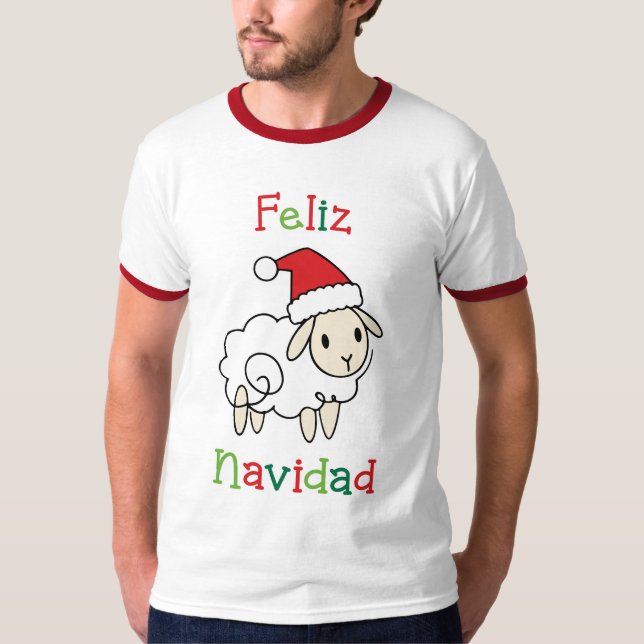 Cute Christmas Sheep – Feliz Navidad T Shirt (Framsida)