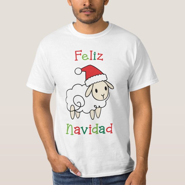Cute Christmas Sheep – Feliz Navidad T Shirt (Framsida)