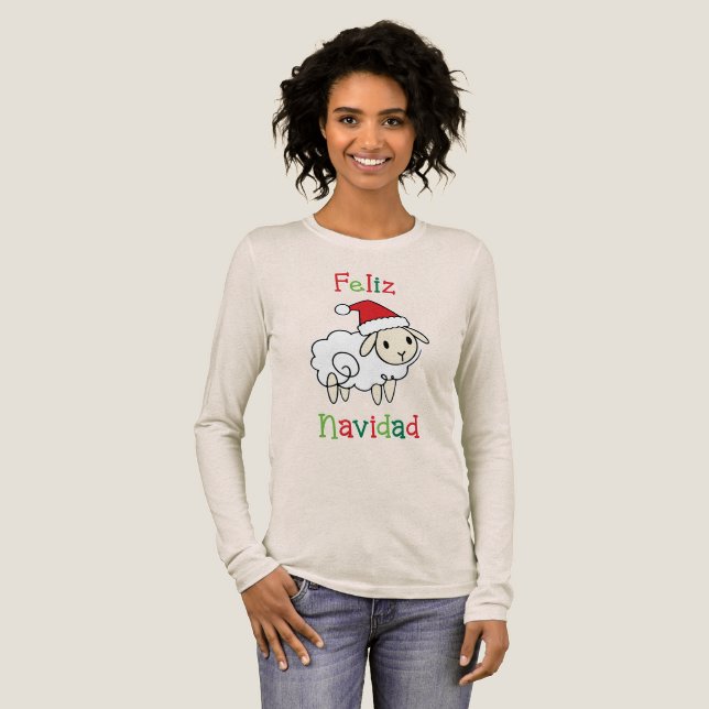 Cute Christmas Sheep – Feliz Navidad T Shirt (Hel framsida)