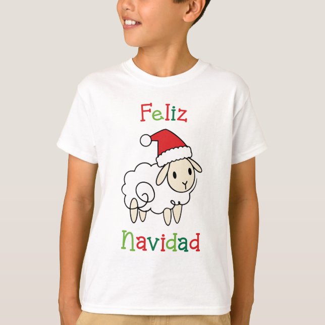 Cute Christmas Sheep – Feliz Navidad T Shirt (Framsida)