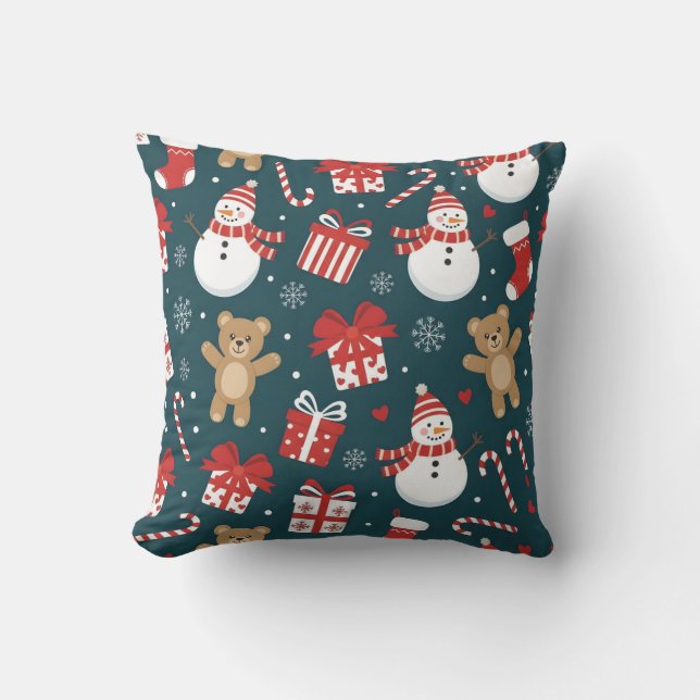 “Cute Christmas Snowman & Gifts Pattern Pillow” Kudde (Framsida)