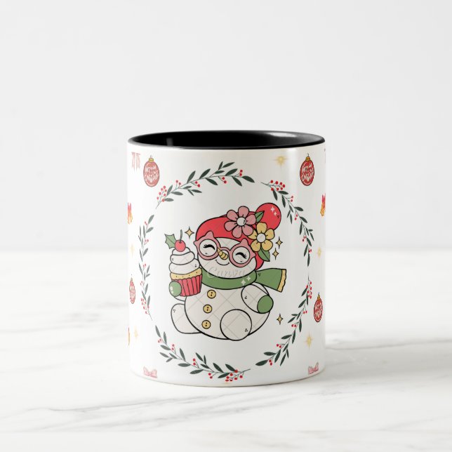 Cute Christmas Snowman Mug with Wreath Två-Tonad Mugg (Center)