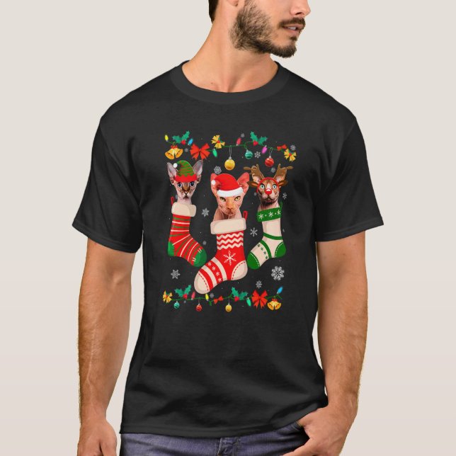 Cute Christmas Socks Pajama Sphynx Xmas Cat Owner T Shirt (Framsida)
