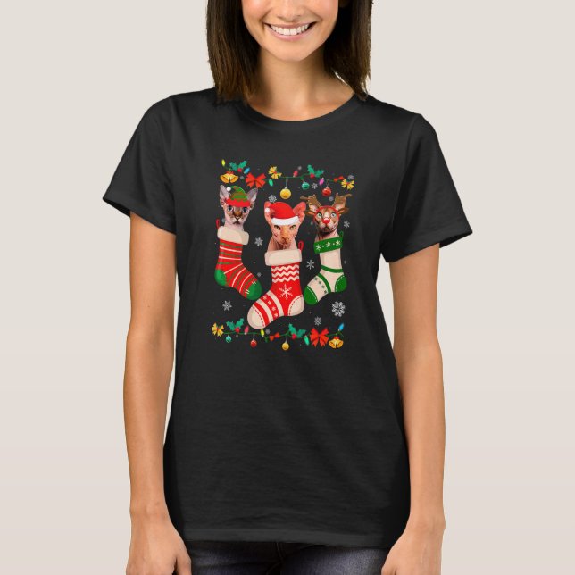 Cute Christmas Socks Pajama Sphynx Xmas Cat Owner T Shirt (Framsida)