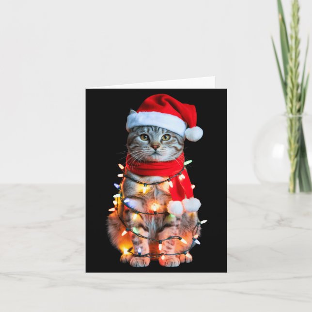 Cute Christmas Tabby Cat In Lights Santa Hat For K Kort (Framsida)