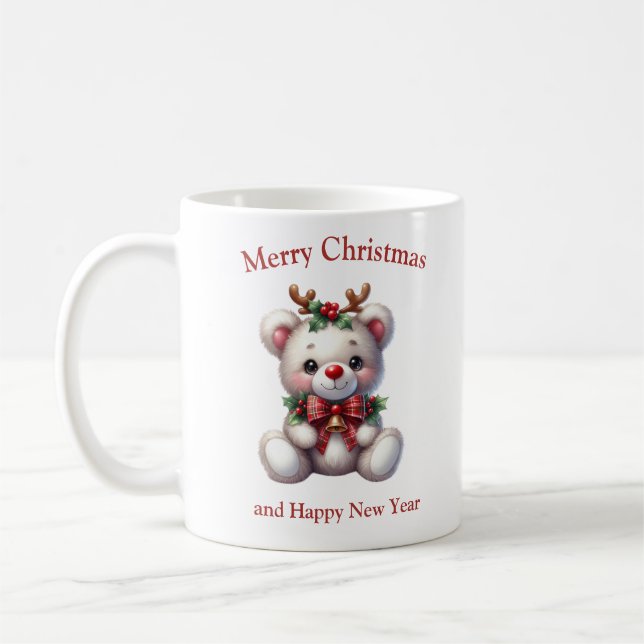 Cute Christmas teddy bear with deer antlers Kaffemugg (Vänster)