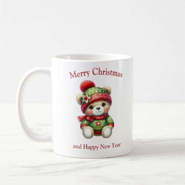 Cute Christmas teddy bear with poinsettia Kaffemugg (Vänster)