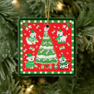 Cute Christmas Tree and Puppy Dogs with Bones Julgransprydnad Keramik