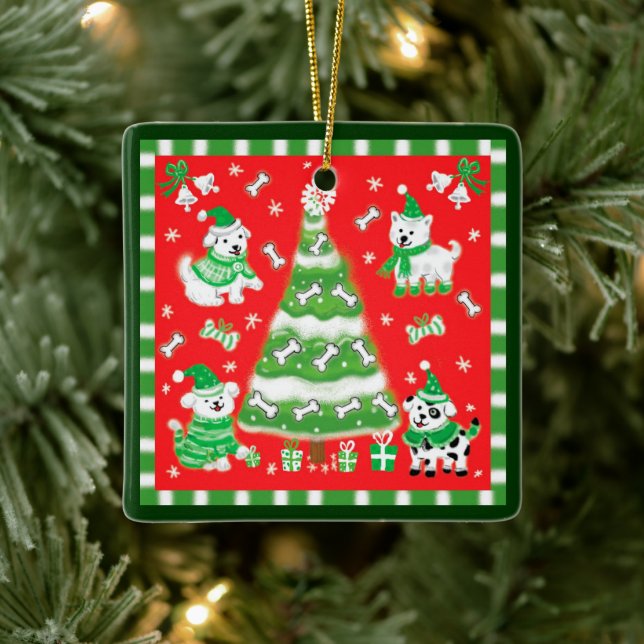 Cute Christmas Tree and Puppy Dogs with Bones Julgransprydnad Keramik (Träd)