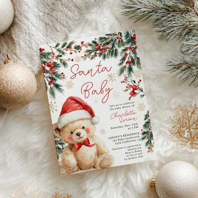 Cute Christmas Winter Teddy Bear Santa Baby Shower Inbjudningar (Cute Christmas Winter Teddy Bear Santa Baby Shower Invitation)