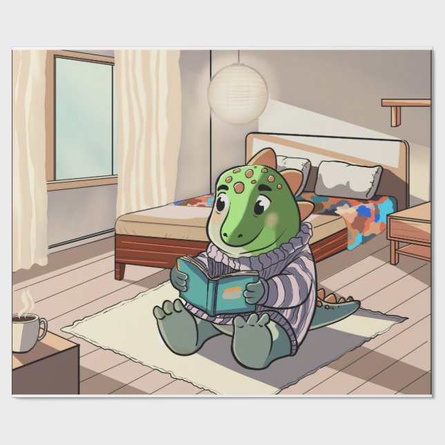 Cute Chubby Cartoon Dinosaur Reading Book Presentpapper (Platt)