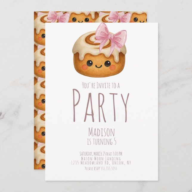 Cute Cinnamon Roll Bun Girl Birthday Party Inbjudningar (Fram/baksida)