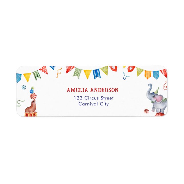 Cute Circus Animals Carnival Address Label Returadress Etikett (Framsidan)