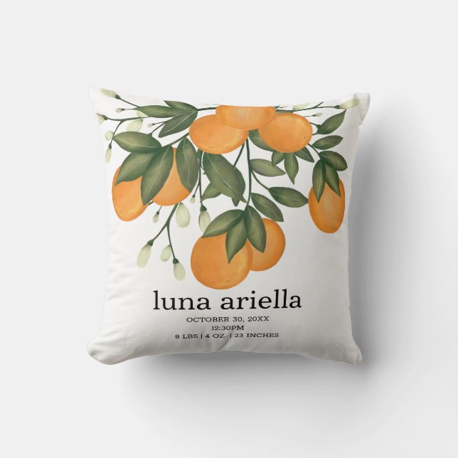 Cute Citrus Orange Greenery Birth Stats Kudde (Framsida)