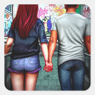 Cute City Couple Holding Händer Urban Art Fyrkantigt Klistermärke