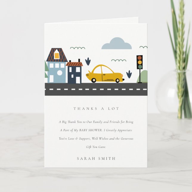 Cute Cityscape Urban Fordon Cars Road Baby Shower Tack Kort (Framsida)