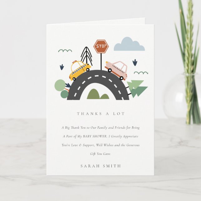 Cute Cityscape Urban Fordon Cars Road Baby Shower Tack Kort (Framsida)