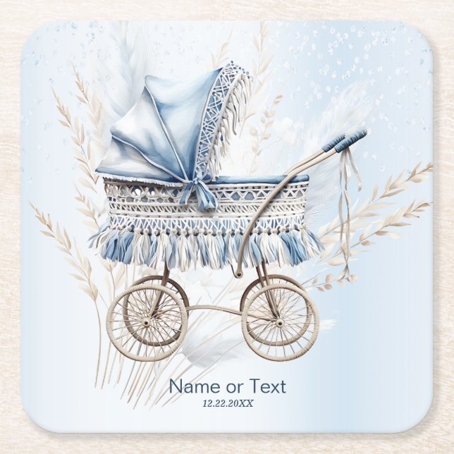 Cute Classic Baby Barnvagn Blue Blommigt Party Underlägg Papper Kvadrat (Framsidan)