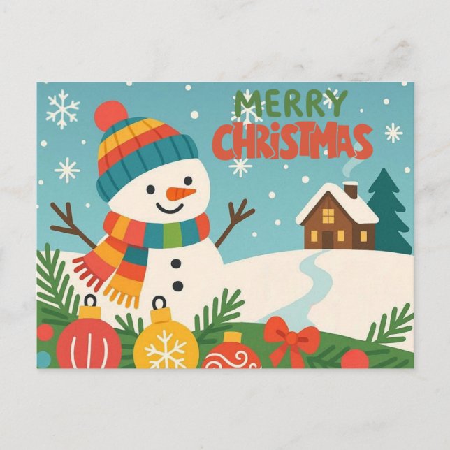 Cute, classic Merry Christmas snowman Helg Vykort (Framsida)