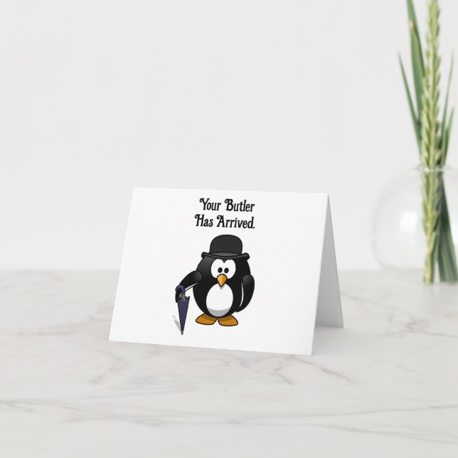 Cute Classy Butler Penguin Tecknad med Umbrella Kort (Framsida)