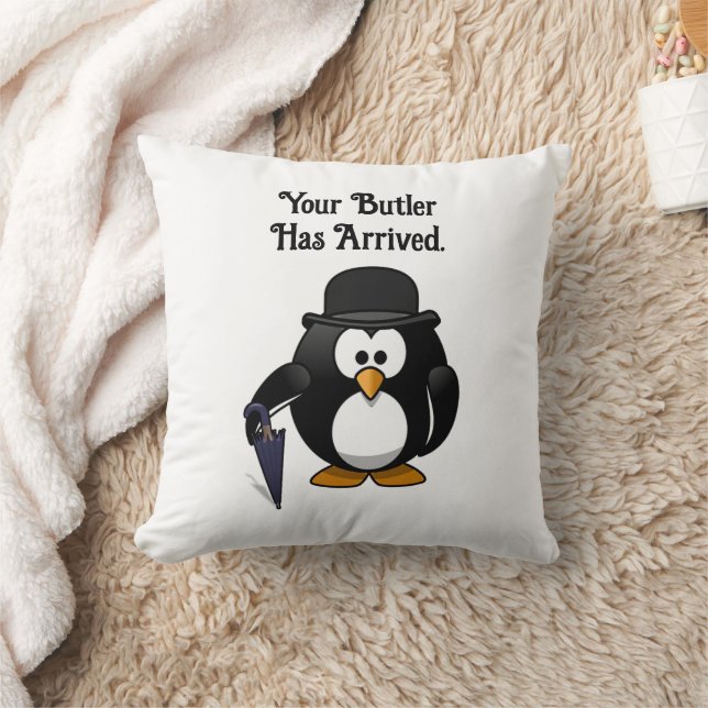 Cute Classy Butler Penguin Tecknad med Umbrella Kudde (Filt)
