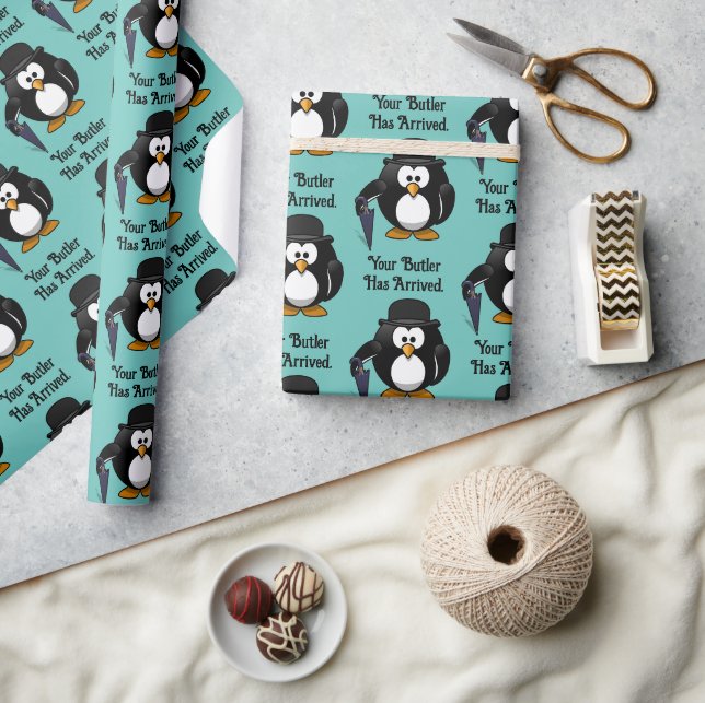 Cute Classy Butler Penguin Tecknad med Umbrella Presentpapper (Hantverk)